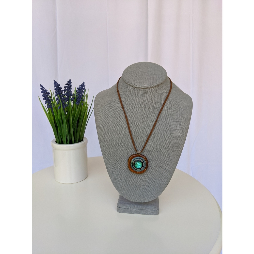 VINTAGE Glass Necklace - Brown / Teal Stone